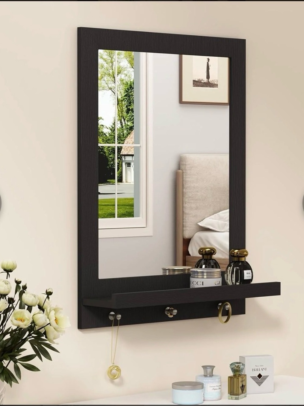 HLR Modern Wood Framed Mirror With Functional Shelf & Hanging Pegs